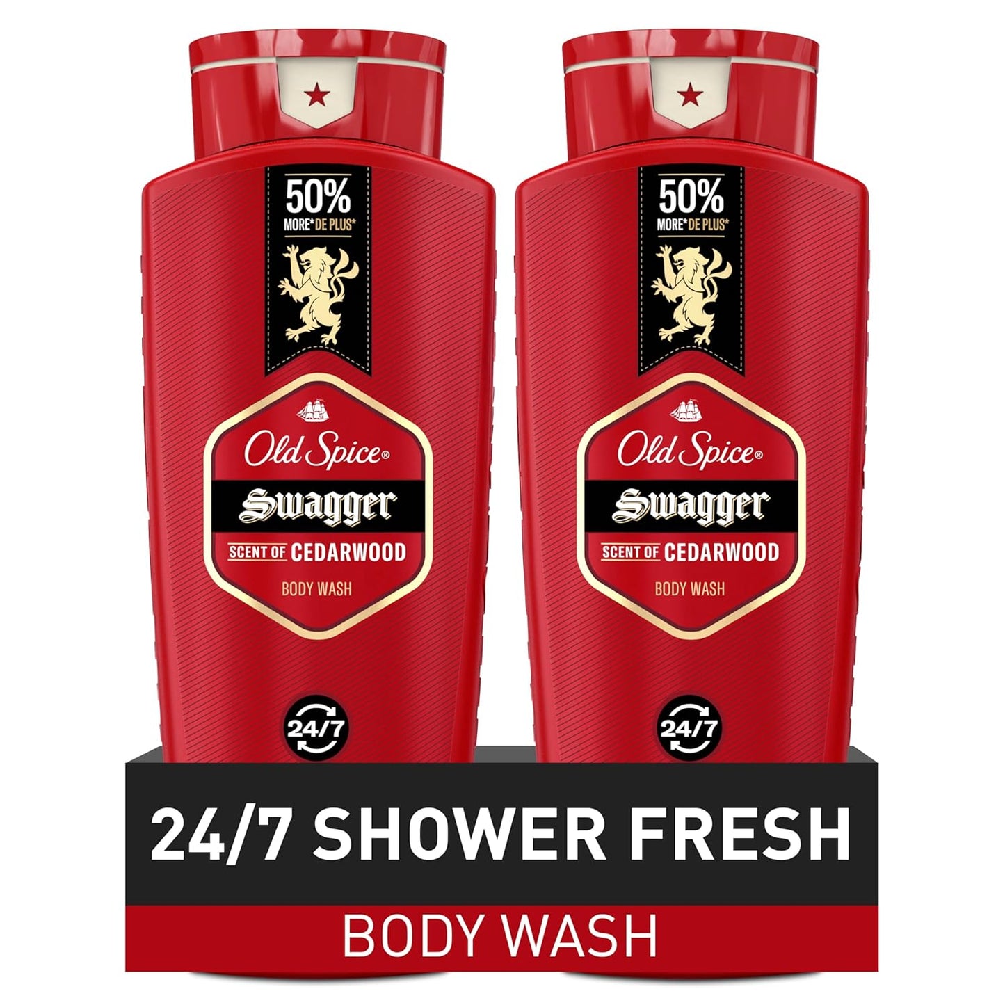Old Spice Refreshing Body Wash for Men, 3X Defense, 24/7 Shower Fresh with Long Lasting Scent, Red Collection, Swagger with Cedarwood Scent, 24 oz (Pack of 2)-FemmiqueWomen