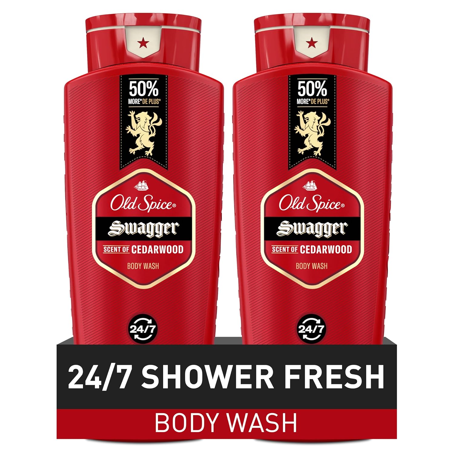 Old Spice Refreshing Body Wash for Men, 3X Defense, 24/7 Shower Fresh with Long Lasting Scent, Red Collection, Swagger with Cedarwood Scent, 24 oz (Pack of 2)-FemmiqueWomen