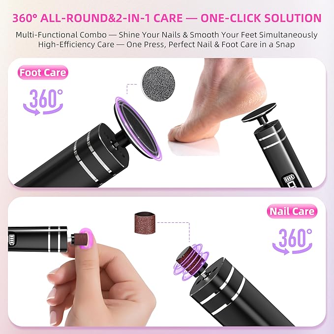 2 in 1 Electric Foot Callus Remover,9 Adjustable Speeds Rechargeable Electric Dead Skin Sander Pedicure Tools with Sandpaper Disk and Nail Drill Bits,Grinding Heads for Women&Men-FemmiqueWomen