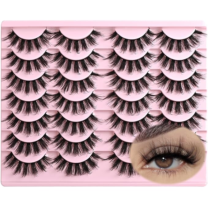 FARRED Fluffy Lashes Natural Eyelashes Short Wispy Eye Lash Strips 14 Pairs Separated Volume Eyelash Pack 17mm Dramatic Wispies Fake Strip Lashes Clusters Cat Eye Pestañas Spiky Look (F6 | 11-17mm)-FemmiqueWomen
