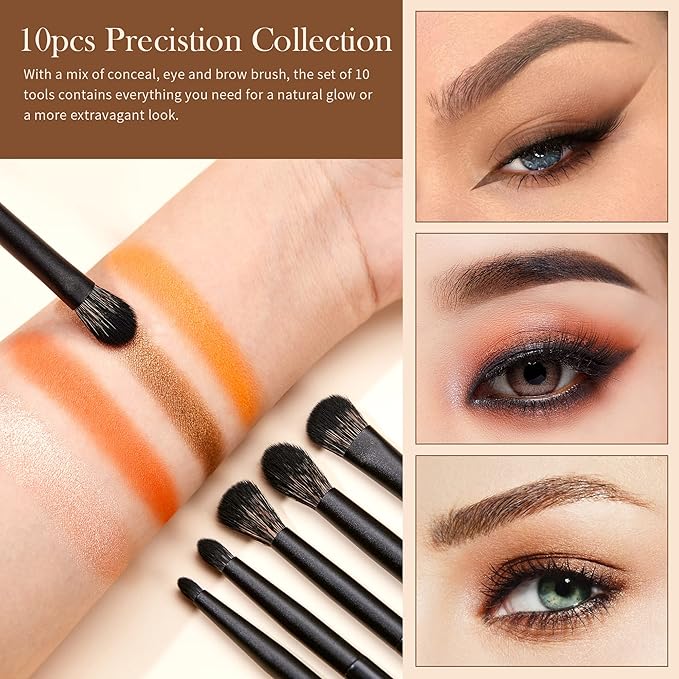 Jessup Eyeshadow Brush Set, 10Pcs Eye Makeup Brushes Professional for Blending Eye Shadow Liner Crease, Duo-end Brow Brush, Elegant Black T337-FemmiqueWomen
