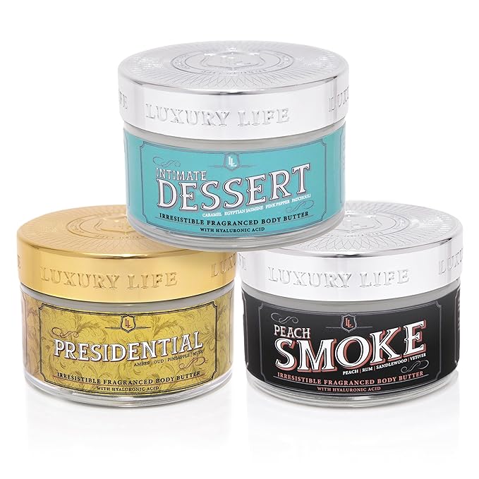 LUXURY LIFE BUTTER - Irresistibly Scented Body Butter with Hyaluronic Acid for Ultimate Moisture. Hydrates for a Non-Greasy Glamorous Glow (Dessert, Presidential and Peach Smoke)-FemmiqueWomen