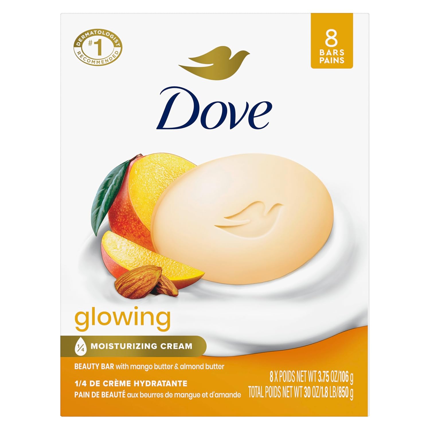 Dove Beauty Bar Soap Glowing Mango & Almond Butters, 8 Bars for Radiant Skin, Illuminates Skin 3.75 oz-FemmiqueWomen