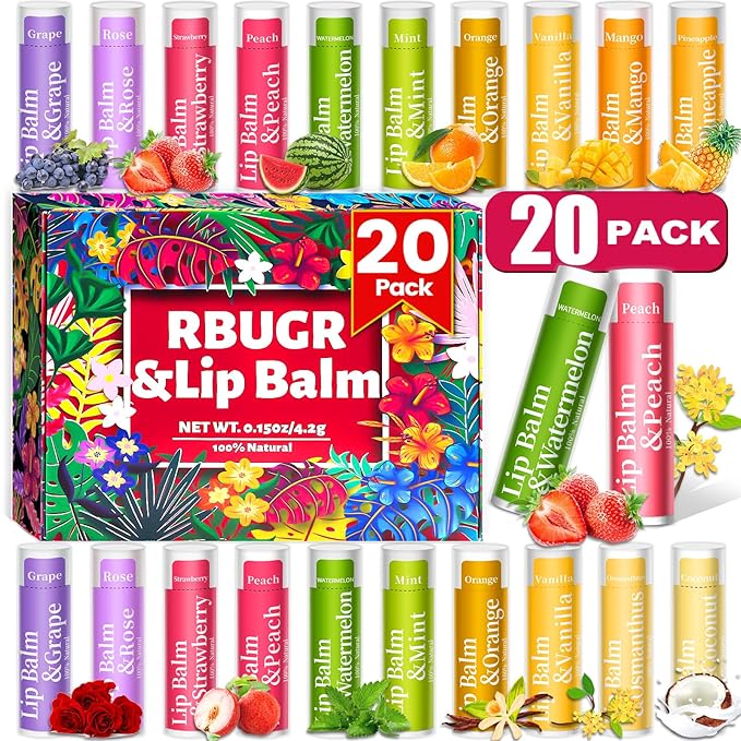 20 Pack Lip Balm, 12 Flavored Natural Lip Balm Bulk Set, Moisturizing Bulk Mini Balm Pack for Dry Cracked Lips,Hydrating for Gifts Party Favors(4.2g/0.15oz)-FemmiqueWomen