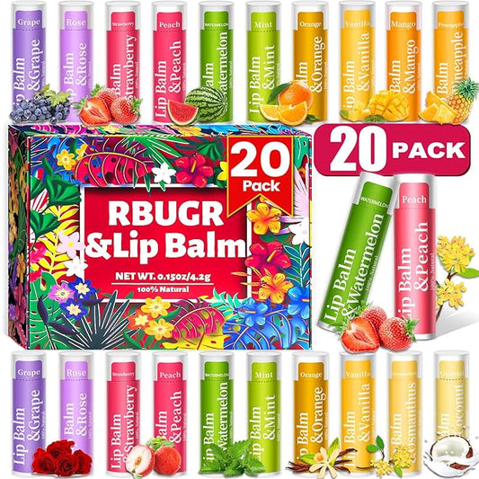 20 Pack Lip Balm, 12 Flavored Natural Lip Balm Bulk Set, Moisturizing Bulk Mini Balm Pack for Dry Cracked Lips,Hydrating for Gifts Party Favors(4.2g/0.15oz)-FemmiqueWomen
