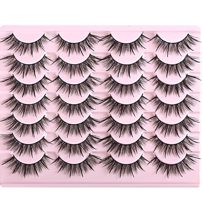 FARRED Wispy Lashes Hybrid Mink Eyelashes 14 Pairs Short Cat Eye Natural Fluffy False Eyelashes Faux Mink Strip Eye Lashes Pack for Daily Makeup (F17 | 8-16 mm)-FemmiqueWomen