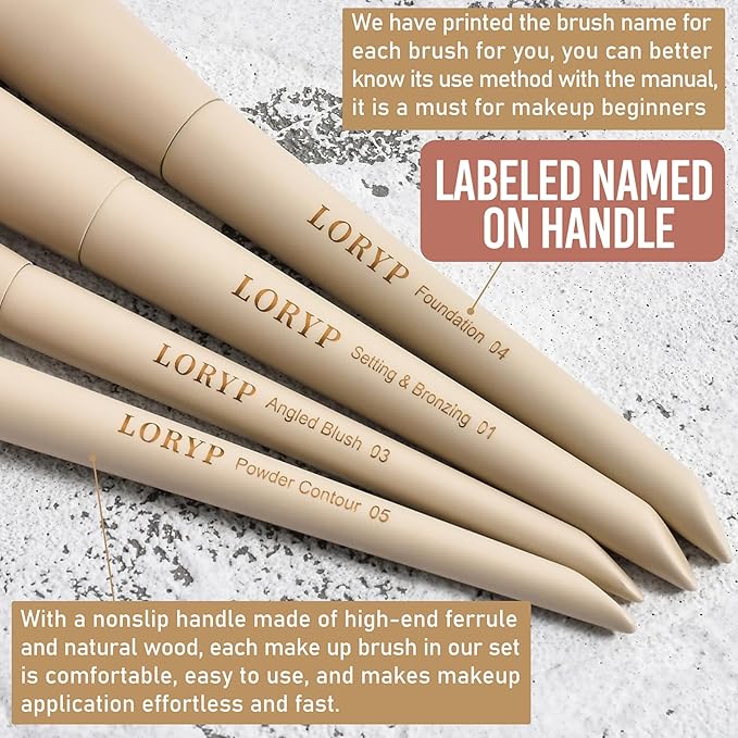 LORYP Makeup Brushes Set Labeled 18 Piece Face and Eye Brush Set Ultra soft hair Foundation, Concealer, Blush, Contour, Blending, Eyeshadow Khaki Brush kit-FemmiqueWomen