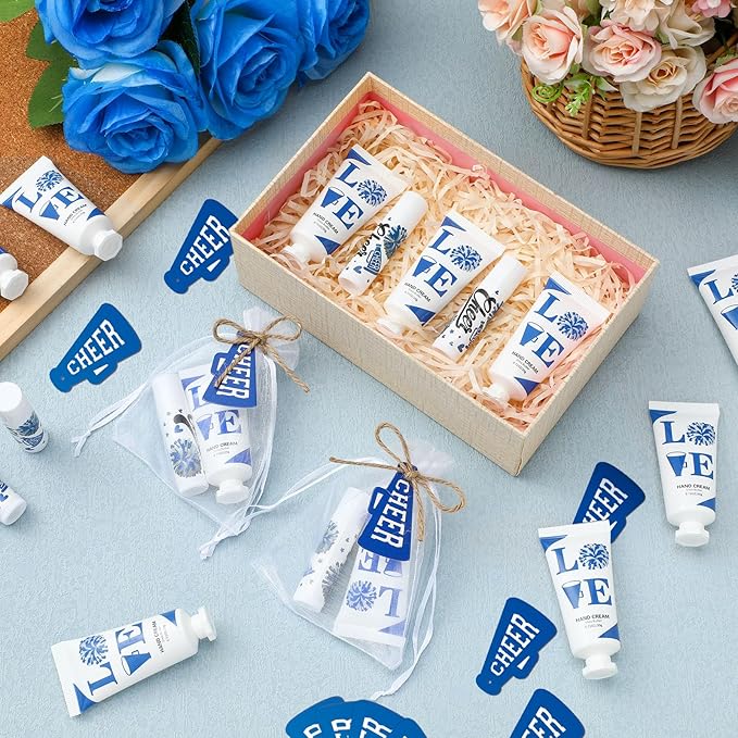 144 Pcs Blue Cheer Favors Natural Bulk Lip Balm and Hand Cream Set, Include 36 Lip Balm 36 Moisturizing Hand Cream 36 Bags 36 Card and Rope cheer accessories for Team Sports Party Supplies-FemmiqueWomen