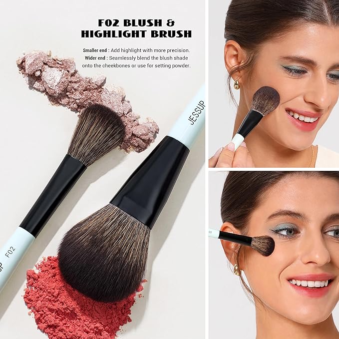 Jessup Face Makeup Brushes Blue 3pcs Double Ended Makeup Brush for Foundation Contour Blush Highlight and Concealer Brush, Premium Synthetic Brush Set T503-FemmiqueWomen