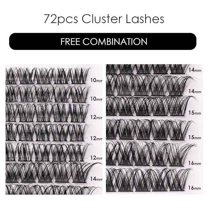 Cluster Lashes 72 Individual Lashes Clusters Eyelash Extensions False Eyelashes DIY Lash Extension Kit Reusable False Eyelashes Natural Look Mix 10-16mm C D Curl-DM01-FemmiqueWomen