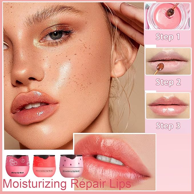 3PCS Bee Lip Balm Honey Pot, Exfoliating Strawberry Cherry Watermelon Bee Lip Balm Sleeping Lip Mask Overnight with Sticks, Honey Pot Lip Balm Prevention Dry Hydrating and Crack Lip Scrubs-FemmiqueWomen