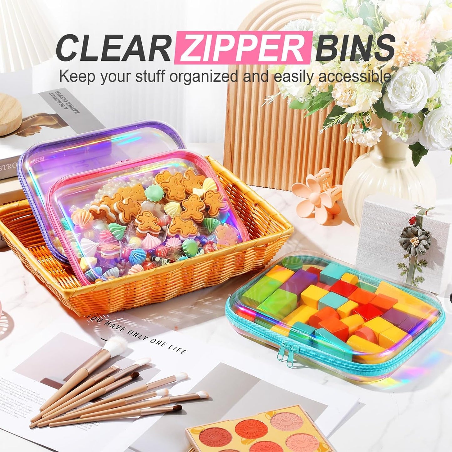 Hoolerry 3 Pcs Clear Hard Zipper Case Plastic Pouch Transparent Hard Case Clear Makeup Bag Portable Travel Organizer Bin for Cosmetics, Building Blocks, Puzzles(Laser,M)-FemmiqueWomen