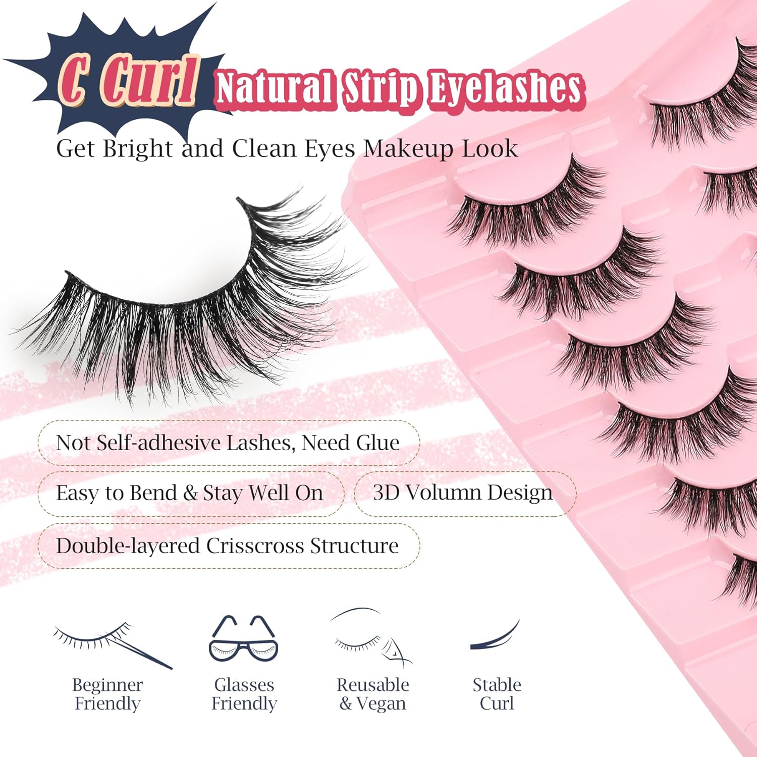 False Lashes Wispy Eyelashes Natural Look 15MM Fake Eyelash with 0.1MM Thin Band Lightweight 3D Volume Fluffy Eye Lashes C Curl Soft Lash Pack Siligli 7 Pair-FemmiqueWomen