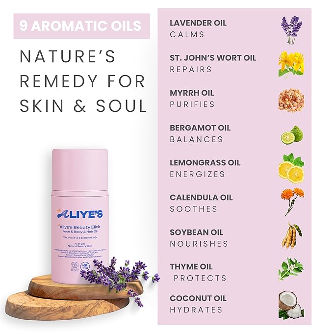 ALIYE'S A Beauty Elixir - All In One - Face & Body & Hair Oil Ecocert/Cosmos Natural Certified, Vegan, Non-GMO, Alcohol - Silicone Paraben Free, Derma-FemmiqueWomen