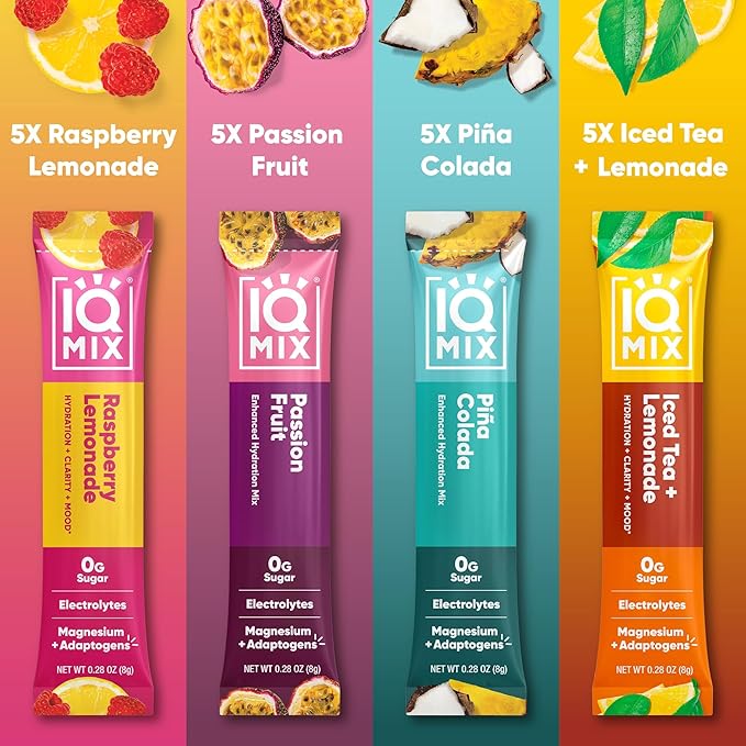 IQMIX Hydration Electrolyte Powder – 4-in-1 Formula for Hydration, Mental Clarity, Mood and Recovery – Sugar-Free Drink Mix, Keto, Magnesium L-Threonate, Lion’s Mane – 20 Count Vacation Variety Pack-FemmiqueWomen