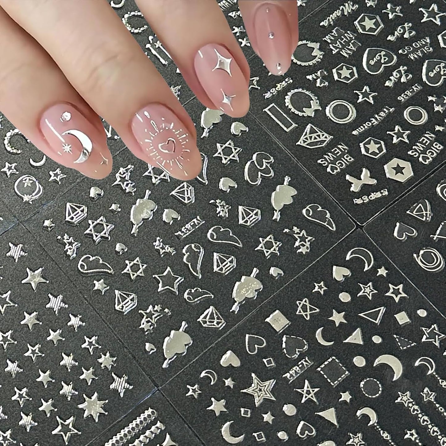 30 Sheets Silver Nail Art Stickers 3D Self Adhesive Sliver Line Nail Decals Silver Nail Sticker for Nail Art Silver Heart Star Nail Art Supplies Silver Nail Design for Acrylic Nails for Women Girls-FemmiqueWomen