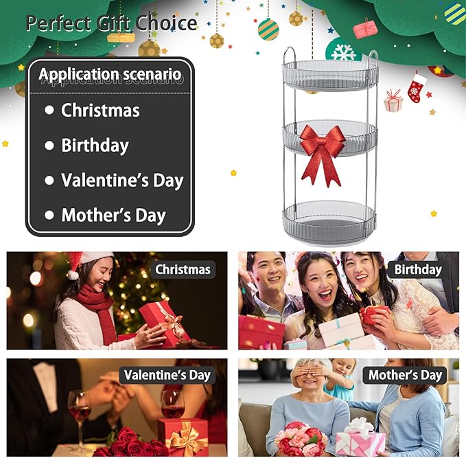 Rotating Makeup Organizer for Vanity, High-Capacity Skincare Clear Make Up Storage Perfume Organizers Cosmetic Dresser Organizer Countertop 360 Spinning (Gray, 3 Tier)-FemmiqueWomen