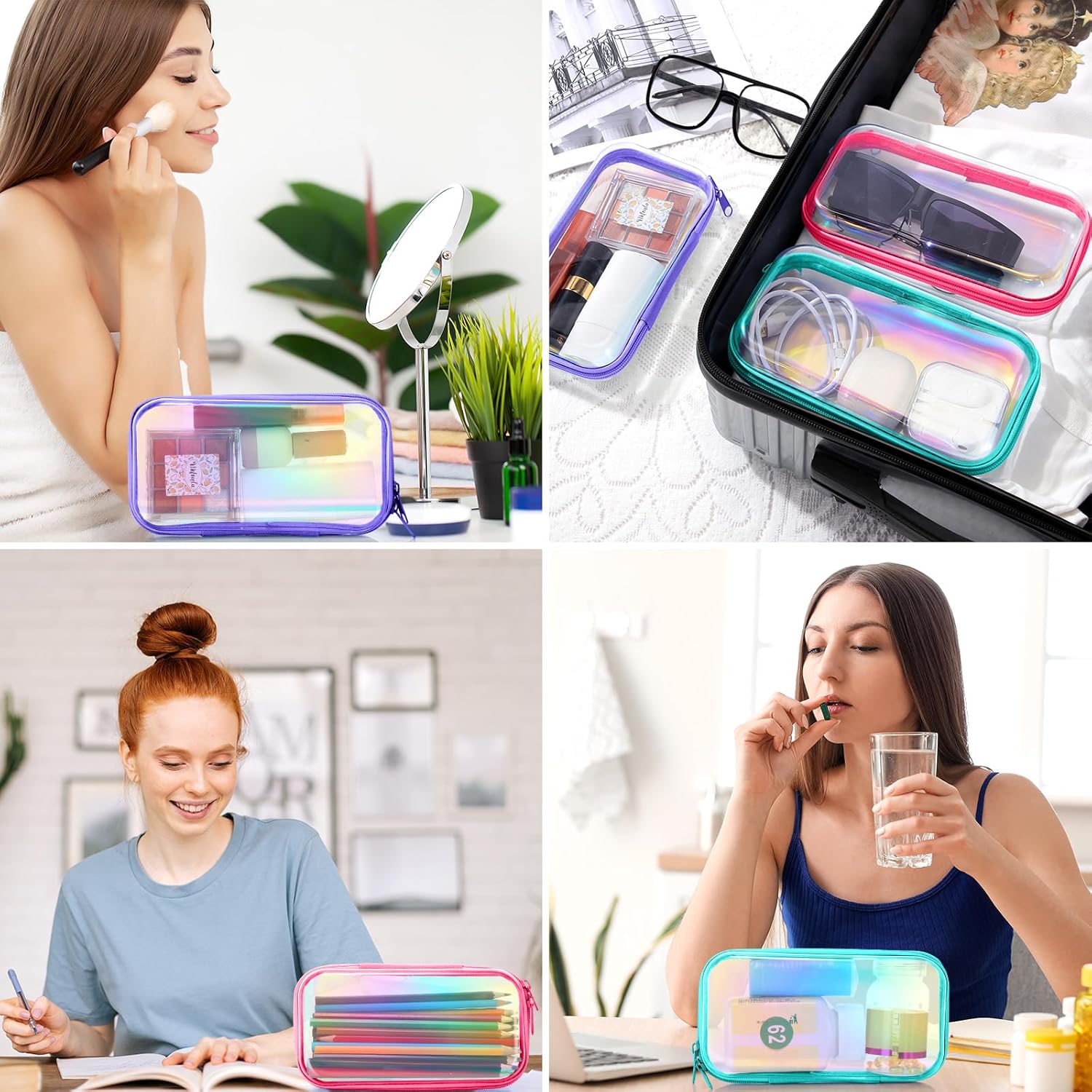 Hoolerry 3 Pcs Clear Hard Zipper Case Plastic Pouch Transparent Hard Case Clear Makeup Bag Portable Travel Organizer Bin for Cosmetics, Building Blocks, Puzzles(Laser,S)-FemmiqueWomen