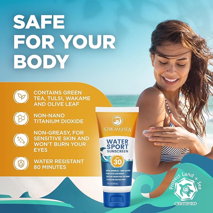 STREAM 2 SEA SPF 30 Biodegradable Mineral Sunscreen, 3 Fl oz Non-Greasy and Moisturizing Reef Safe Sunscreen For Face Protection and Body Against UVA and UVB-FemmiqueWomen