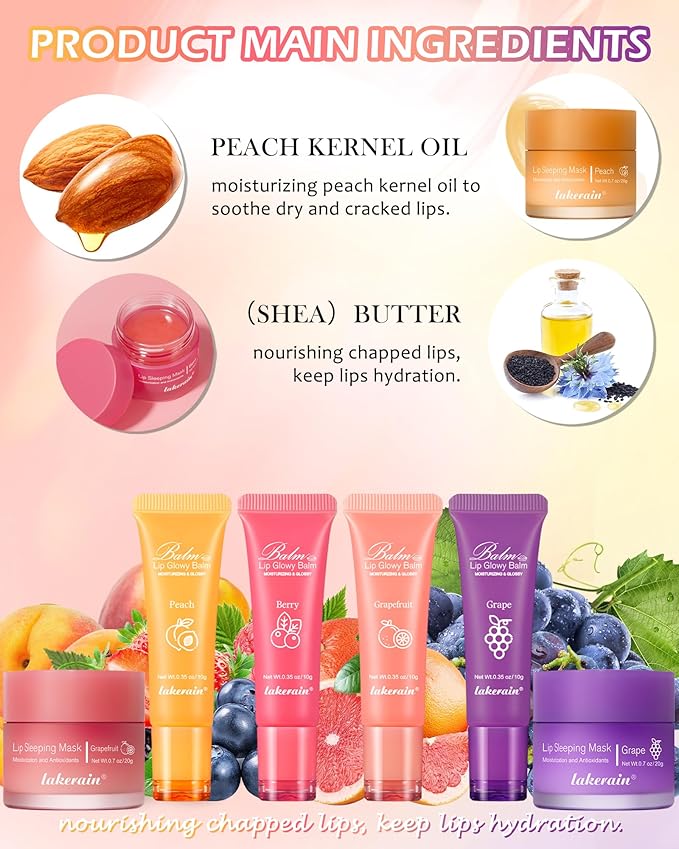 2Pcs Lip Glowy Balm & Lip Sleeping Mask Set,Hydrating Nourishing Repair Sleeping Lip Mask,Glossy Tinted Lip Balm,Day & Night Smooth Cracked Chapped Lip,Lip Care Therapy Treatment for Women-Grapefruit-FemmiqueWomen