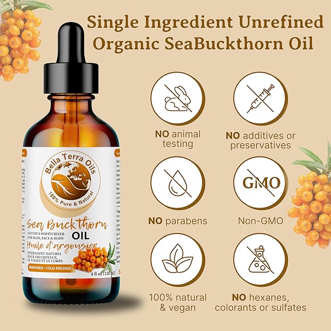 Bella Terra Oils - Seabuckthorn Berry Oil 4oz - Experience Nature's Luxurious Touch, Brimming with Vitamin E & Carotenoids, Transcend Ordinary Skincare-FemmiqueWomen