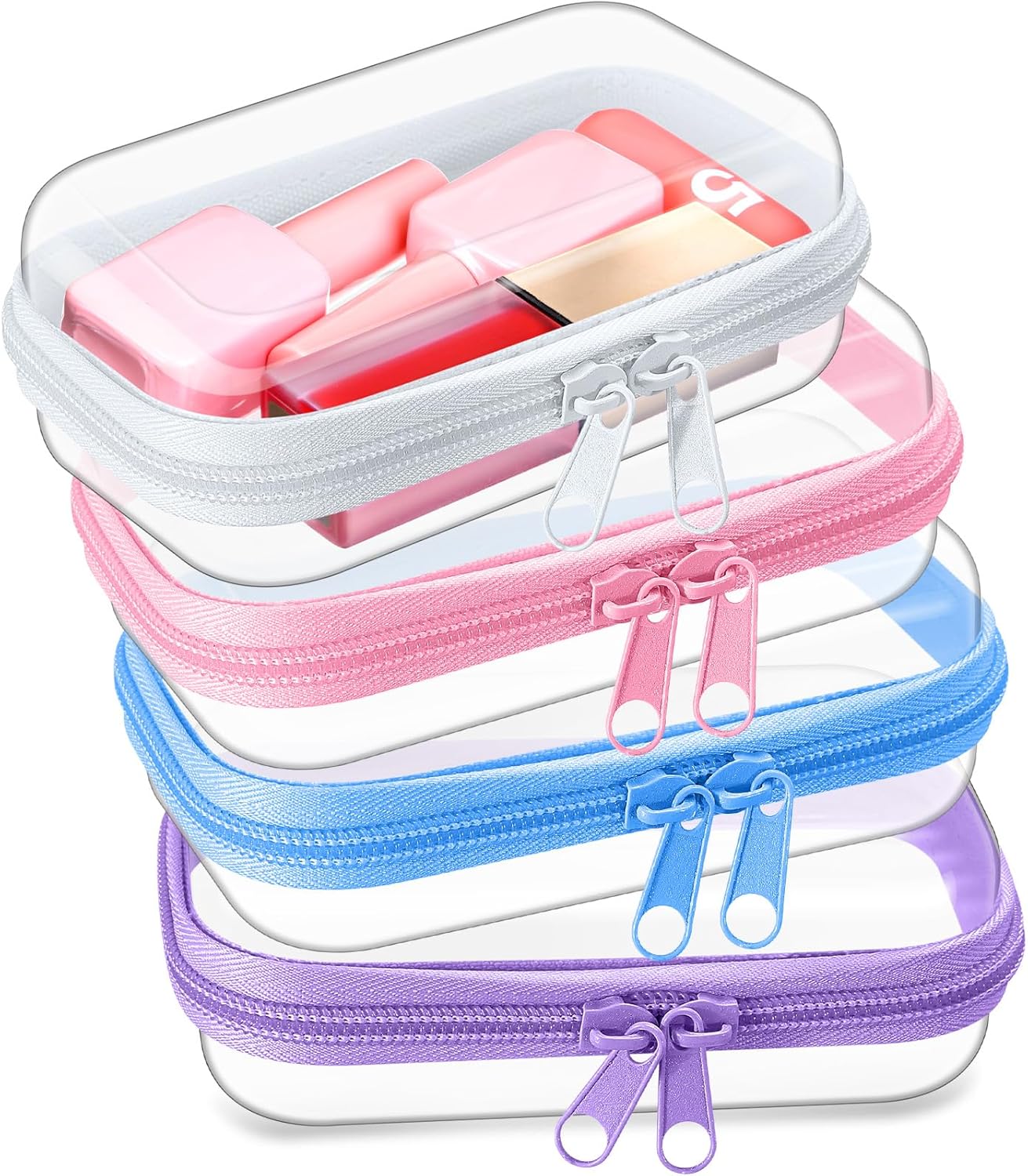 Hoolerry 4 Pcs Hard Clear Zipper Case Makeup Bags Plastic Pencil Pouch Transparent Storage Box Containers for Cosmetics, Snacks, Building Blocks, Puzzles(Multicolor,5 x 3 x 2 in)-FemmiqueWomen