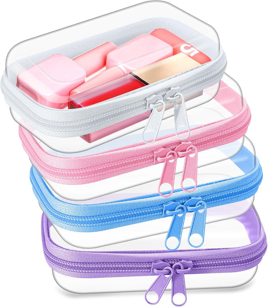 Hoolerry 4 Pcs Hard Clear Zipper Case Makeup Bags Plastic Pencil Pouch Transparent Storage Box Containers for Cosmetics, Snacks, Building Blocks, Puzzles(Multicolor,5 x 3 x 2 in)-FemmiqueWomen