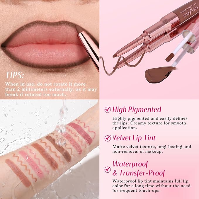 2-IN-1 Lip Liner and Lip Stain, High Pigmented Long Lasting Velvet Lip Tint, Well-Defined Lipliner, Weightless Waterproof Not Animal Tested, Matte Finish Makeup-FemmiqueWomen