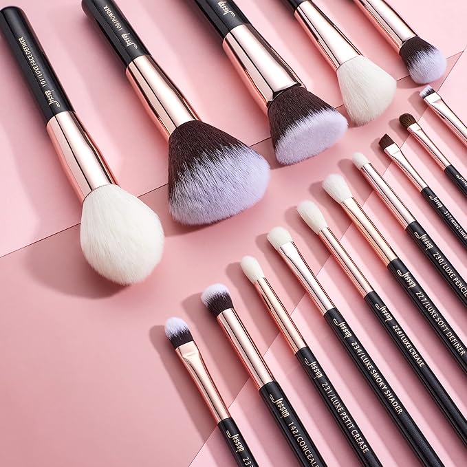 Jessup Makeup Brushes, Labeled Makeup Brush Set Premium Synthetic and Natural Hair Foundation Powder Concealer Eyeshadow Blending 15pcs Brush Kit, Rose Gold/Black T160-FemmiqueWomen