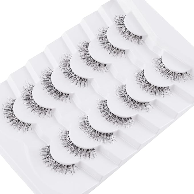 Natural Lashes False Eyelashes 12 MM Short Lashes WIspy 3D Volume Fake Eyelashes Pack C Curl Soft Eye Lash with Thin Cotton Band 7 Pair False Lashes Siligli-FemmiqueWomen