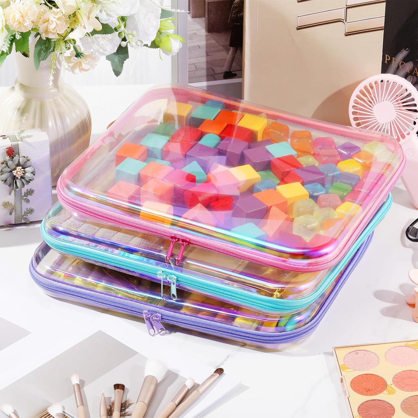Hoolerry 3 Pcs Clear Hard Zipper Case Plastic Pouch Transparent Hard Case Clear Makeup Bag Portable Travel Organizer Bin for Cosmetics, Building Blocks, Puzzles(Laser,L)-FemmiqueWomen