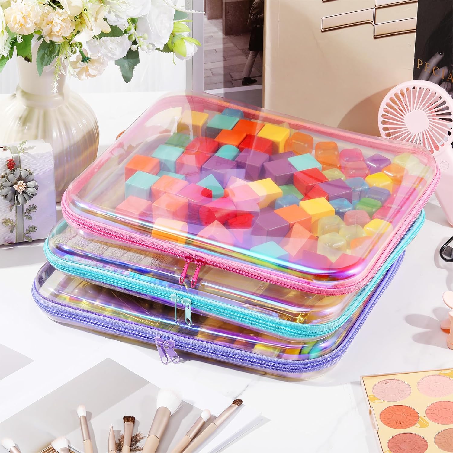 Hoolerry 3 Pcs Clear Hard Zipper Case Plastic Pouch Transparent Hard Case Clear Makeup Bag Portable Travel Organizer Bin for Cosmetics, Building Blocks, Puzzles(Laser,L)-FemmiqueWomen