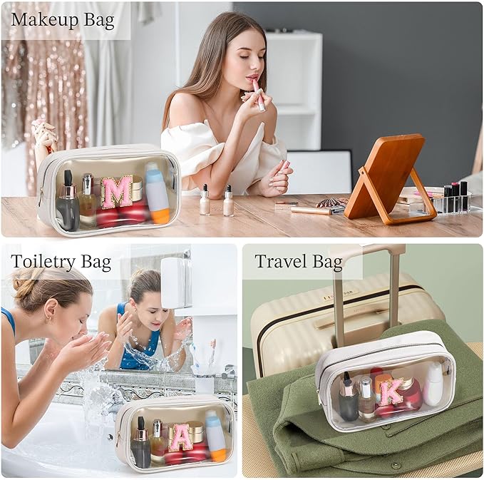 YOOLIFE Initial Makeup Bag Travel Toiletry Bag Clear Makeup Bag Preppy Cosmetic Bag Gifts for Girls Kids Graduation Gifts Birthday Gifts for Girls Kids Birthday Gifts Swim Gifts White L-FemmiqueWomen