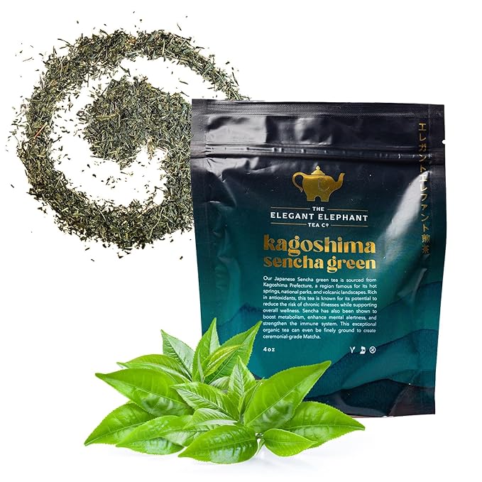 Japanese Sencha Green Tea, Organic Loose Leaf Sencha Tea – Antioxidant & Detox Support – Refreshing Hot or Iced Green Tea – 4 oz Resealable Bag (Makes 50 Cups) – The Elegant Elephant-FemmiqueWomen