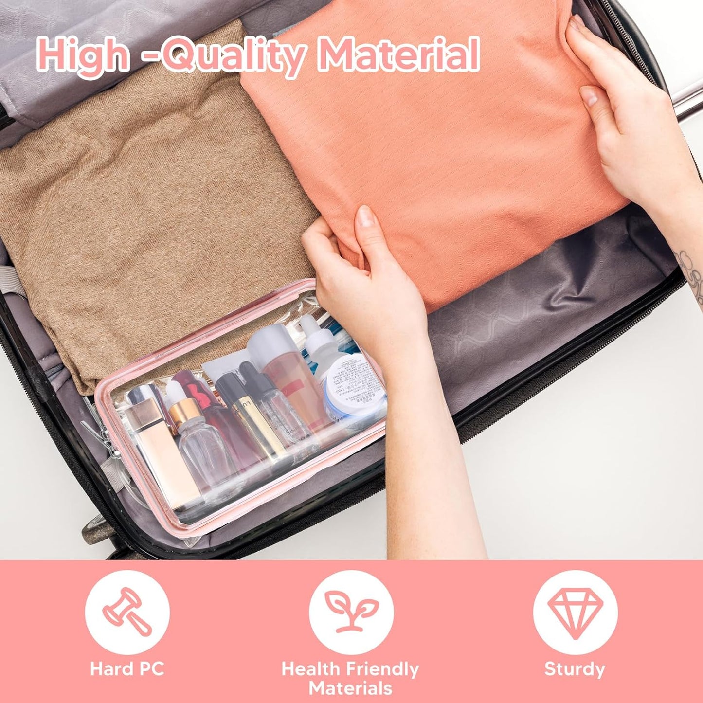 2 Pcs Clear Hard Zipper Case, Hard PC Plastic Cosmetic Travel Bag, Portable Travel Organizer Bins, Durable Makeup Bags for Toy Storage, Pencil Case(Pink Zipper)-FemmiqueWomen