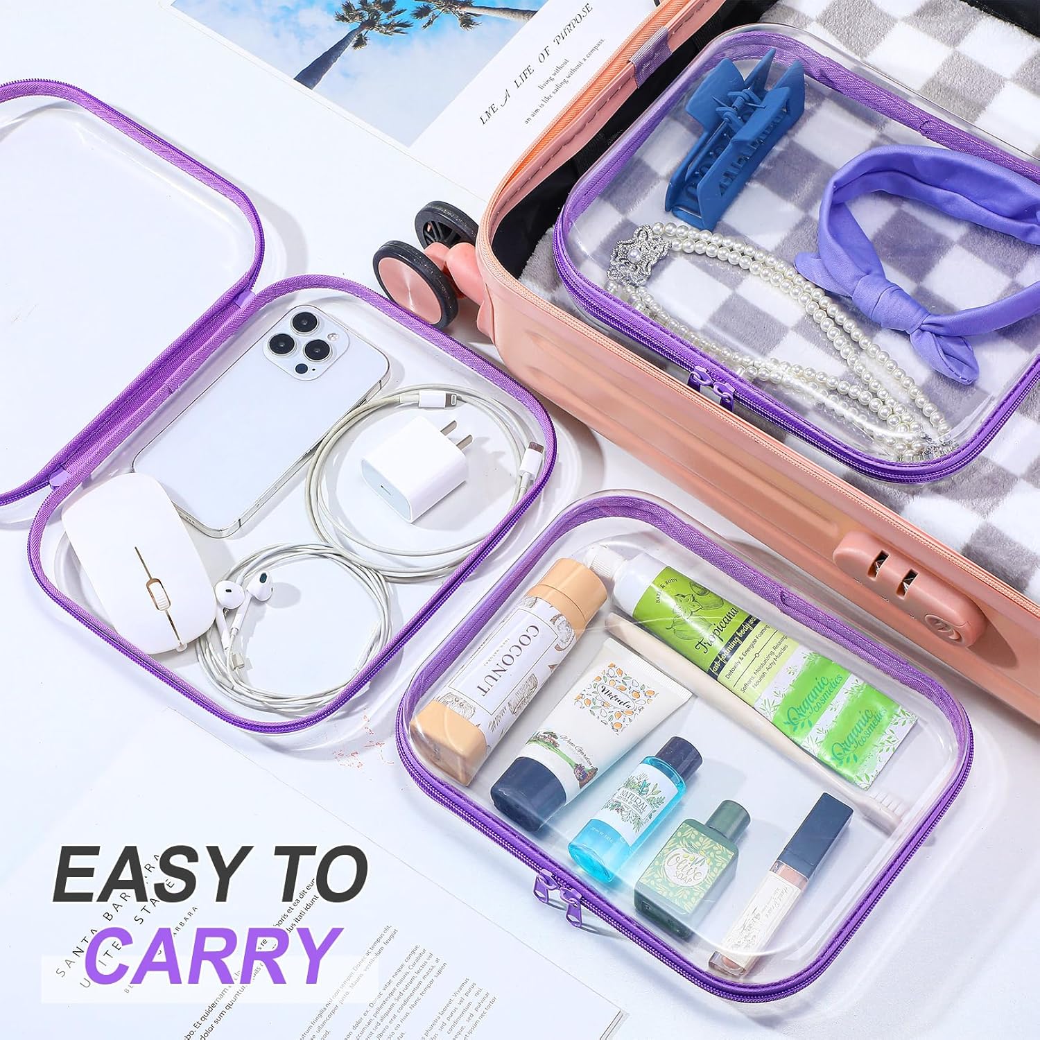 Sanwuta 6 Pcs Clear Hard Zipper Case Pencil Pouches Hard Plastic Zipper Pouches Makeup Bag Transparent Cases for Snacks Plastic Storage Organizer Box for Travel(Purple,9.84 x 7.87 x 2 Inch)-FemmiqueWomen