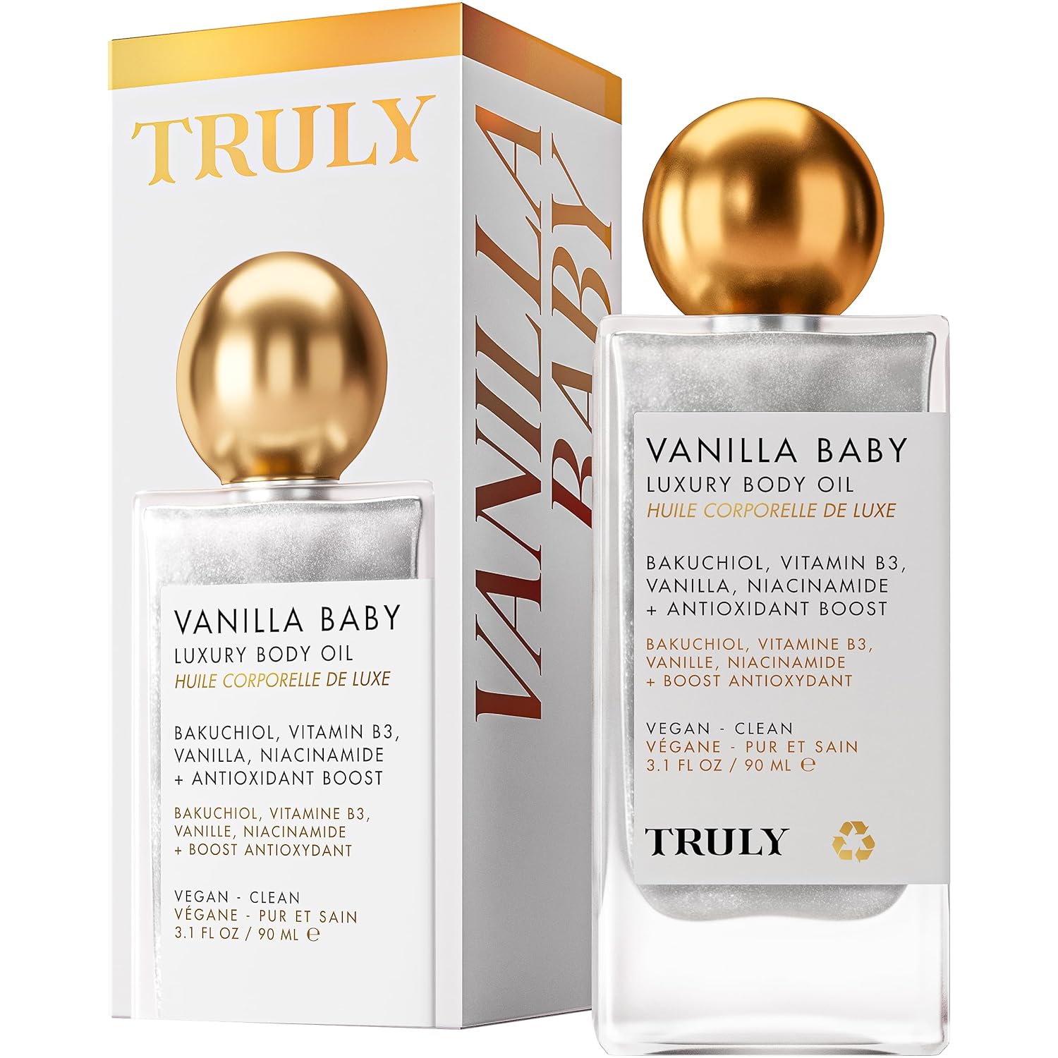 Truly Beauty Vanilla Baby Luxury Body Oil | Plumping Body Shimmer Oil for Hydration & Firmness | With Bakuchiol & Niacinamide for Collagen Boost | Vanilla, Pear & Caramel Scent | Radiant Glow-FemmiqueWomen