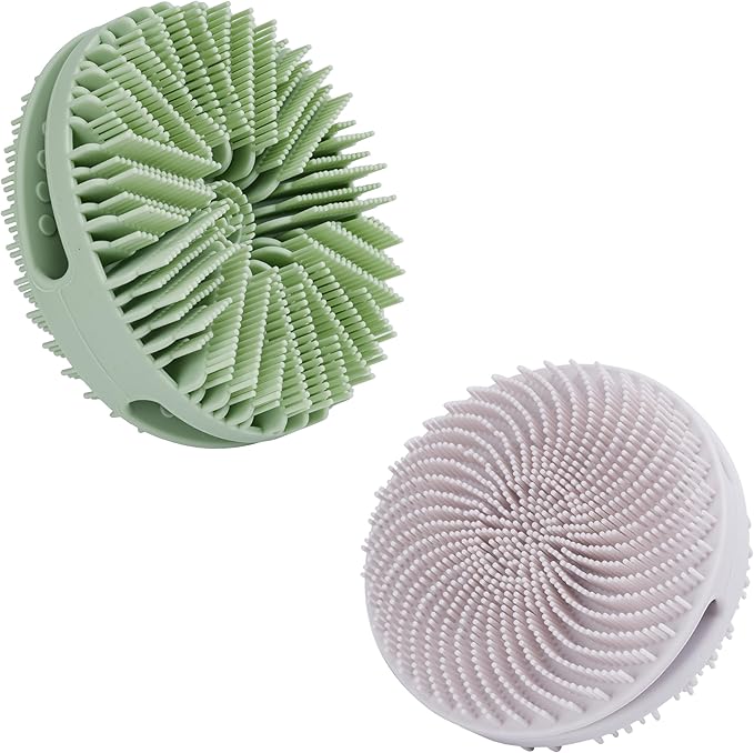 2 PC Silicone Exfoliating Body Scrubber, Silicone Body Shampoo Brush, Soft Silicone Loofah for Sensitive Skin, Shower Silicone Hair Scalp Massager, Easy to Clean, Lather Well(Gray&Green)-FemmiqueWomen