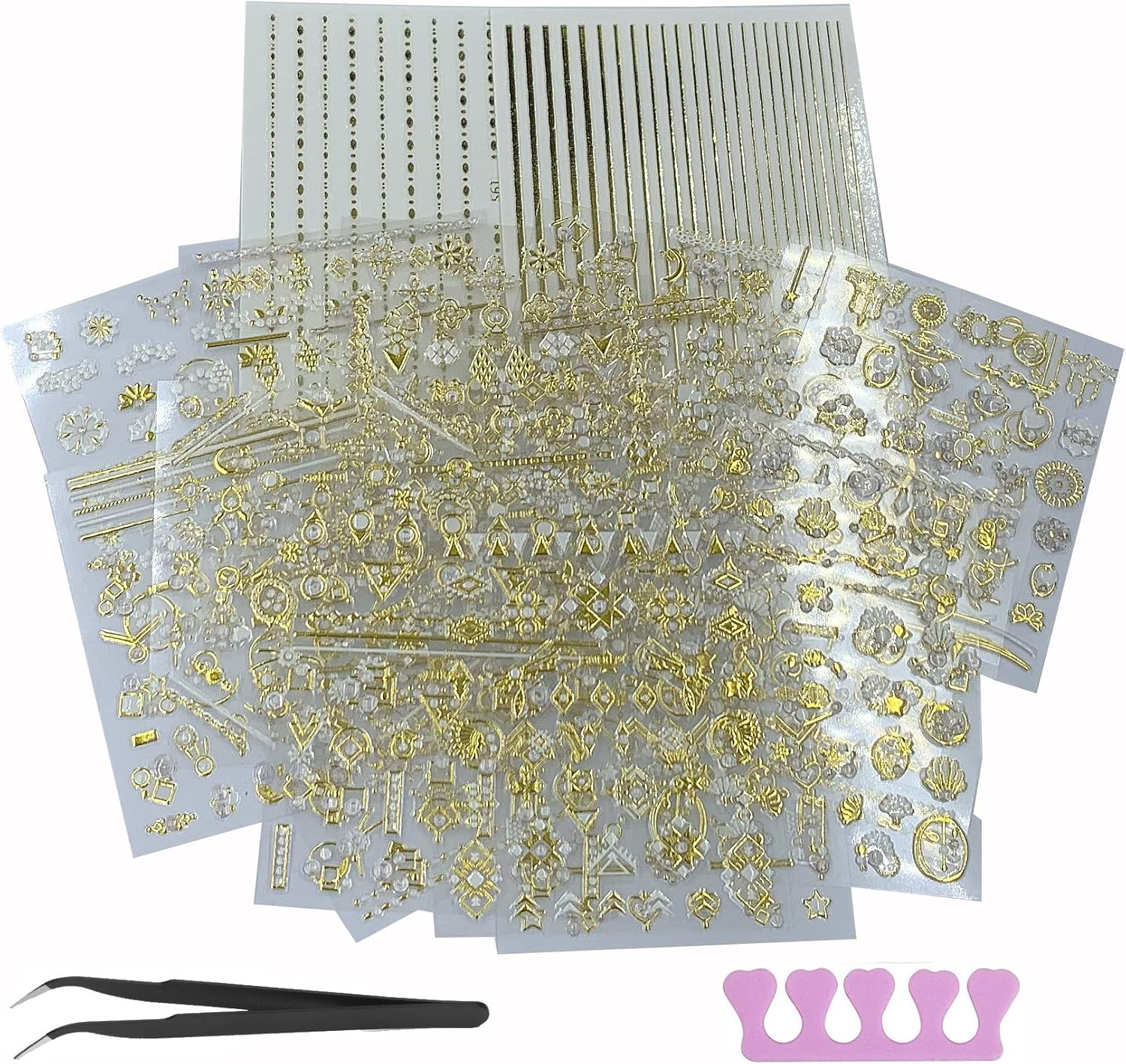 22 Sheets 3D Nail Adhesive Stickers for Women Gold Metallic Chain Line Nail Stickers Diamond Design Luxury Nail Art Decoration with with Tweezers Nail File Separators-FemmiqueWomen