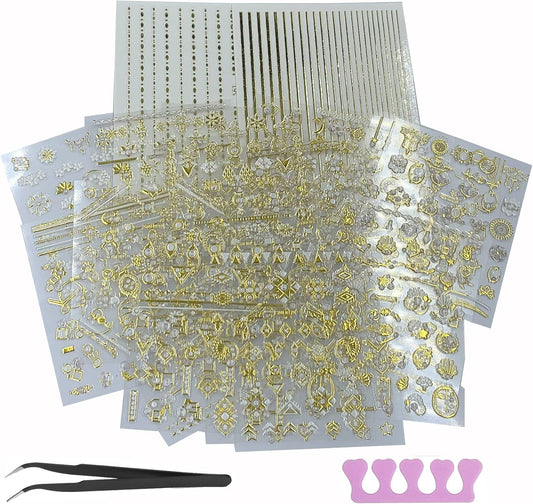 22 Sheets 3D Nail Adhesive Stickers for Women Gold Metallic Chain Line Nail Stickers Diamond Design Luxury Nail Art Decoration with with Tweezers Nail File Separators-FemmiqueWomen