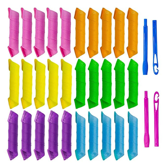 30pcs Heatless Hair Curlers Rollers Spiral Curls Styling Kit with 2 Sets Styling Hooks,No Heat Curlers for Women Girl's, pink, orange, blue, green, yellow and purple (12 Inch/30 cm)…-FemmiqueWomen
