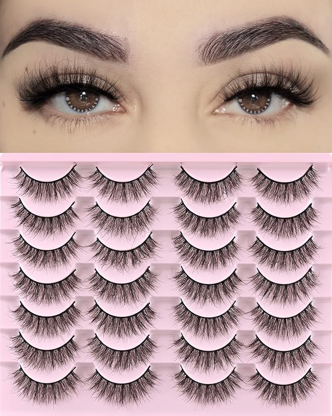 FARRED Natural Lashes Short Eyelashes Wispy False Mink Lash Pack 14 Pair Natural Look Fluffy Doll Eyelash Small Fake Strip Lashes Full Pestañas Sets for MUA and Beginners Daily Makeup (F5 | 8-15mm)-FemmiqueWomen