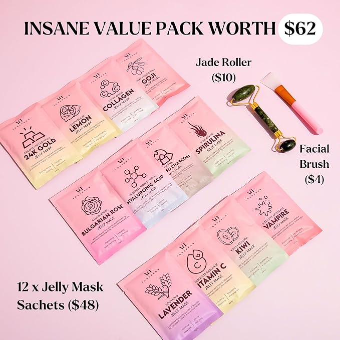 Jelly Mask for Facials - 12 Flavors Hydrating & Brightening Jelly Face Masks | Free Jade Roller & Spatula | Bulgarian Rose, Lavender, Hyaluronic Acid, 24K Gold face mask skin care |Vajacial Jelly Mask-FemmiqueWomen
