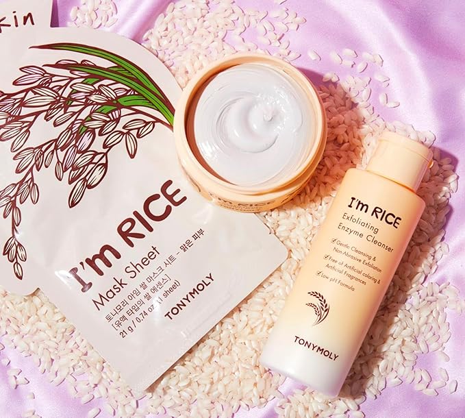 TONYMOLY I'm Rice Clarifying Skincare Set – 3-Step Face Care for Clear, Hydrated Skin – Includes Enzyme Powder Cleanser, Blemish Mask & Nourishing Sheet Masks – Gentle Exfoliation & Oil Control-FemmiqueWomen