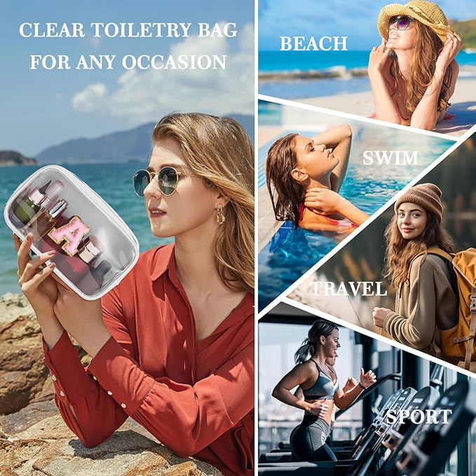 YOOLIFE Initial Make Up Bag Travel Toiletry Bag, Clear Makeup Bag Preppy Cosmetic Bags Organizer Travel Essentials Gifts for Women Teen Girlfriend Teacher Mom Brithday Mothers Day Gifts, Large, White-FemmiqueWomen