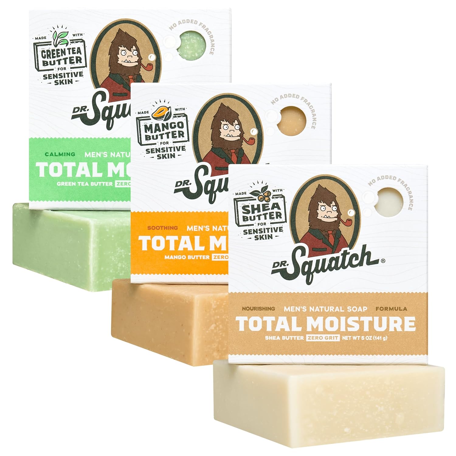 Dr. Squatch NEW Total Moisture Bar Soap for Men - No Added Fragrance Formulated for Sensitive Skin - Shea Butter, Mango Butter & Green Tea Butter (5 oz, 3-pack)-FemmiqueWomen