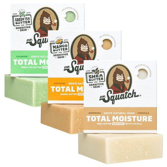 Dr. Squatch NEW Total Moisture Bar Soap for Men - No Added Fragrance Formulated for Sensitive Skin - Shea Butter, Mango Butter & Green Tea Butter (5 oz, 3-pack)-FemmiqueWomen