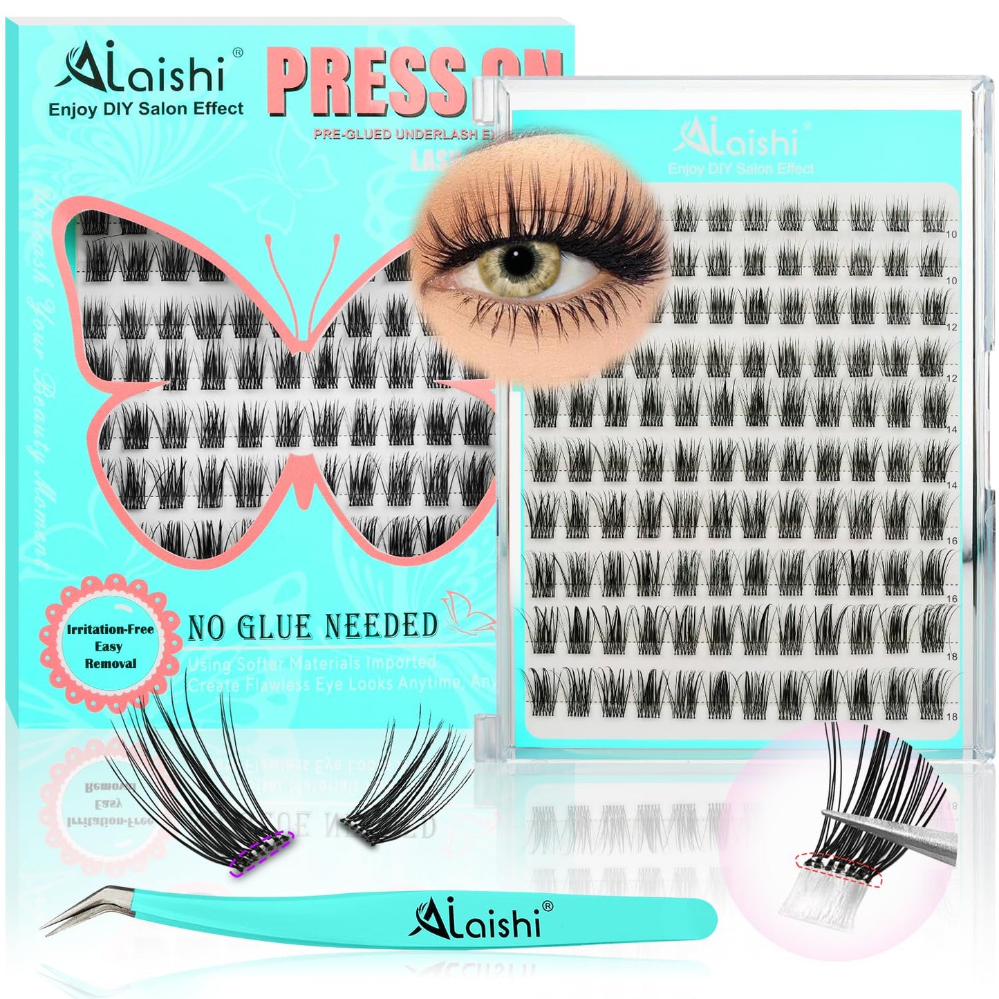 No Glue Needed Lashes, Self Adhesive Eyelashes, DIY Lash Cluster Eyelash Extensions Kit 10‑18mm,100pcs Fluffy D Curl Soft Natural Lashes with Tweezers–Fake Cat Eye Wispy Individual Clusters(NGDY61)-FemmiqueWomen