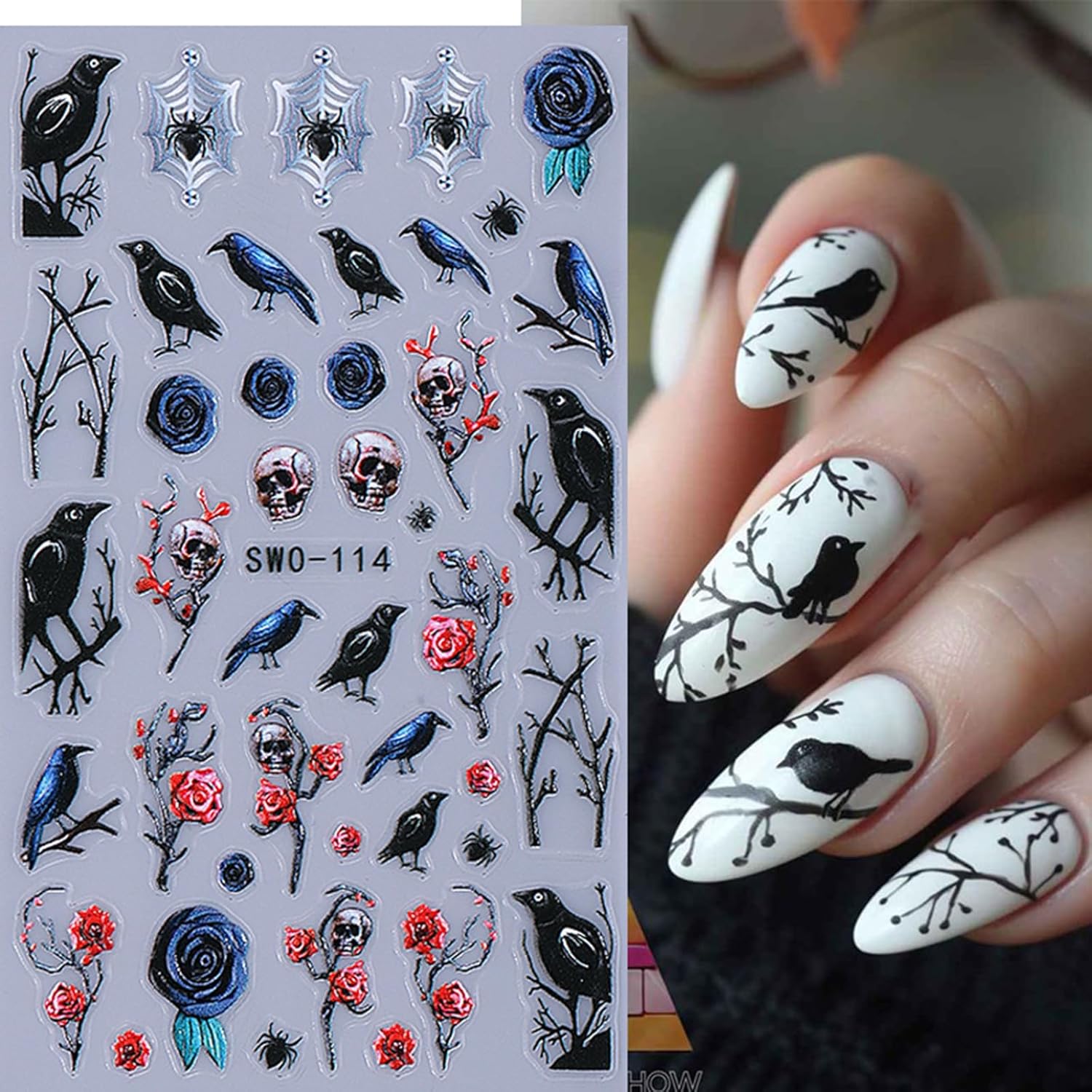2 Sheets Halloween Nail Art Stickers Decals 5D Embossed Skeleton Rose Nail Decals Black Birds White Ghost Flower Skull Rose Design Halloween Nail Stickers Manicure Accessories for Women Nail Art Decor-FemmiqueWomen