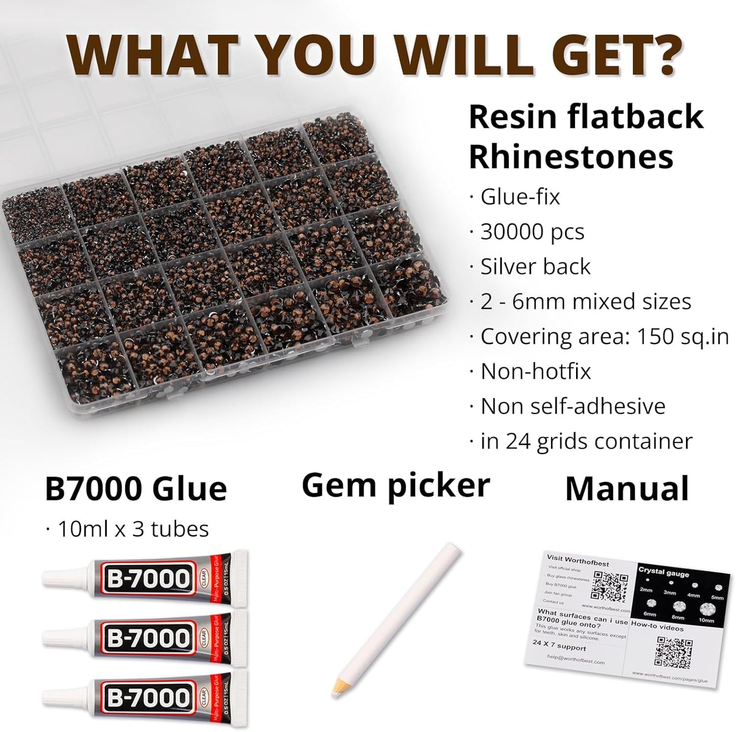 30000Pcs Resin Rhinestones Set for Crafting Bedazzling, Brown Flatback Gems Jewels for Crafts Clothes Shoes Fabric Outfit Nails Makeup, Flat Back Crystal 2-6mm with b 7000 Glue-FemmiqueWomen
